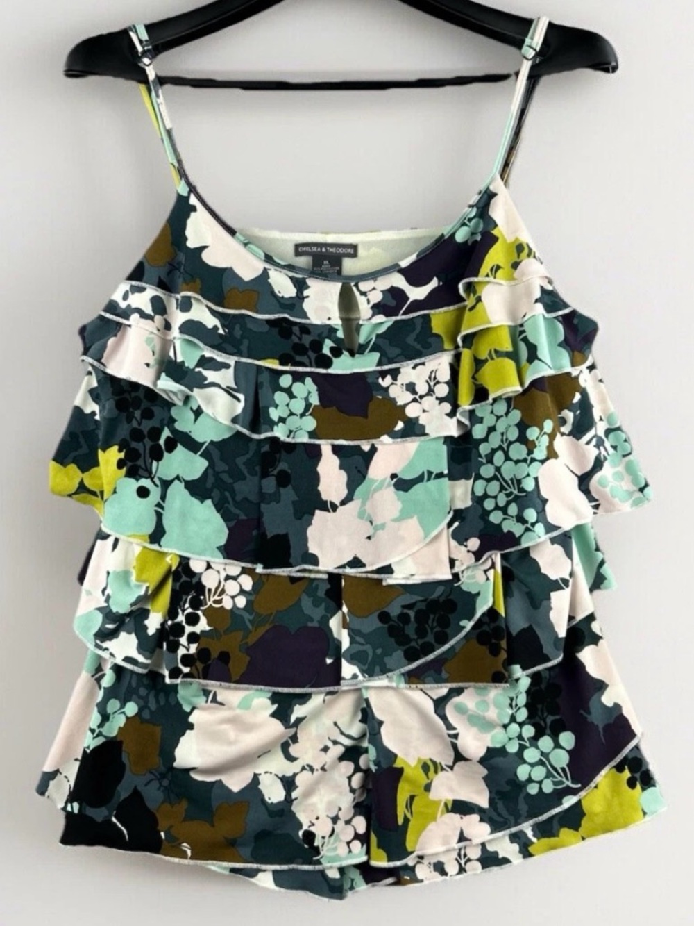Chelsea & Theodore Mint Teal Navy Floral Ruffle Cami